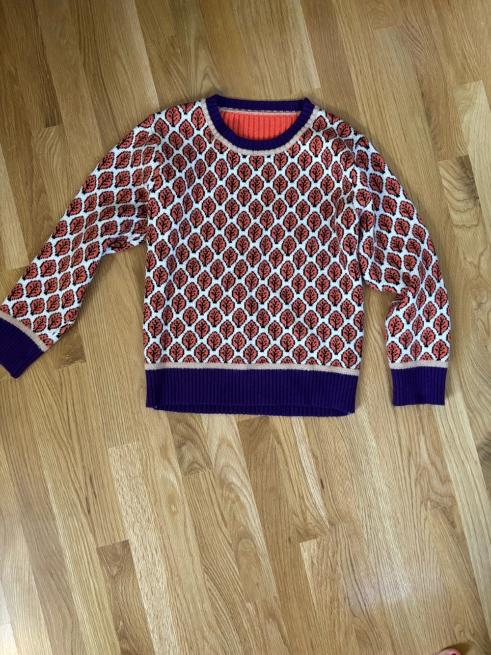Purple Trim Orange Patterned Women's Sweater